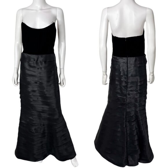 Roland Nivelais Strapless Velvet Tiered Ruffle Maxi Dress Evening Gown in Black - Picture 1 of 13